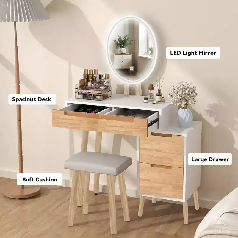 27.5 Ensemble coiffeuse extensible avec miroir LED et tabouret