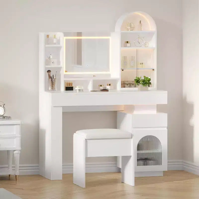 Coiffeuse avec miroir, table de maquillage avec 3 tiroirs et 11 étagères de rangement, grande coiffeuse, commode de maquillage
