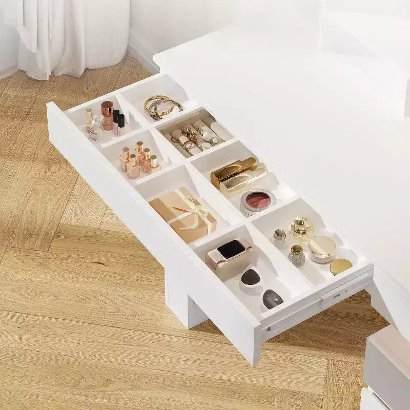 Coiffeuse avec miroir, table de maquillage avec 3 tiroirs et 11 étagères de rangement, grande coiffeuse, commode de maquillage