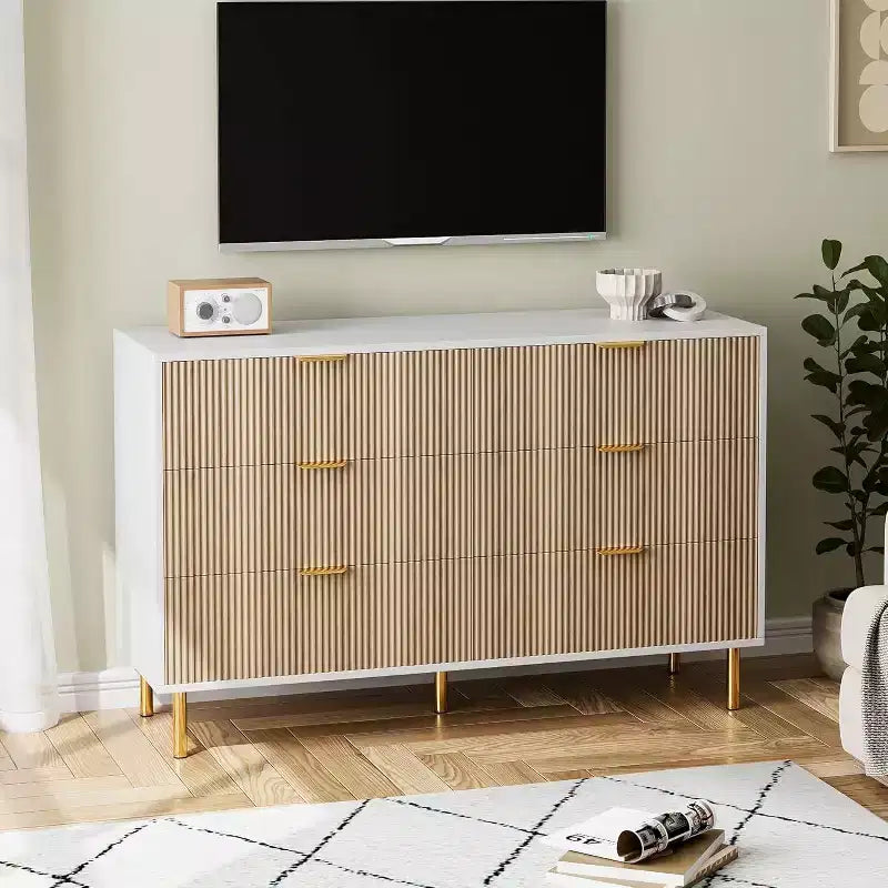 Commode moderne à 6 tiroirs - Poignées dorées et grand espace de rangement pour chambre à coucher et salon