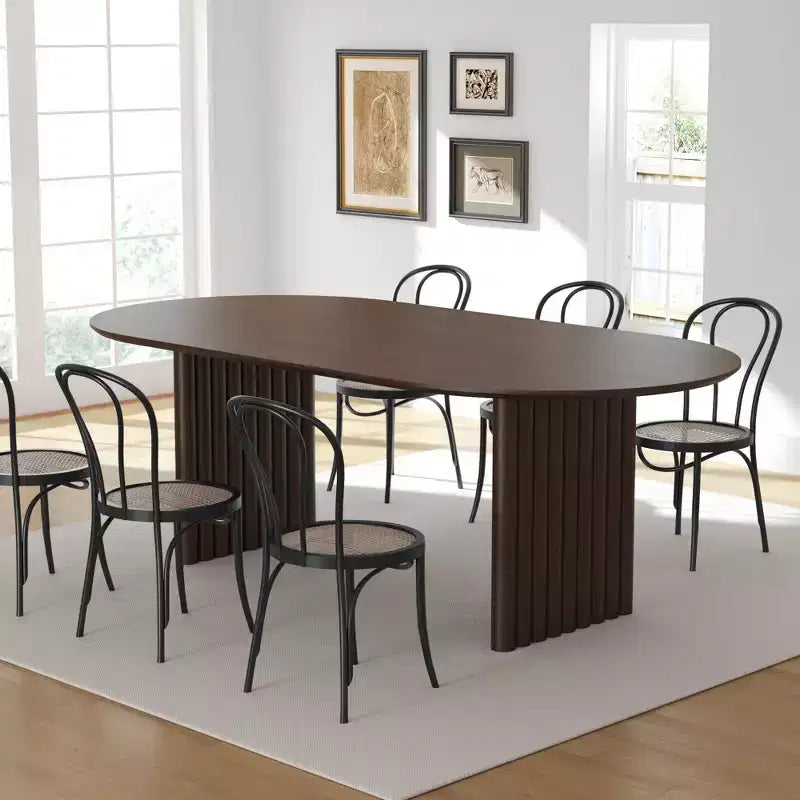 Table de salle à manger 79 x 33,5 en bois, table de cuisine ovale avec plateau anti-rayures et pieds rayés, style ferme moderne pour salon et cuisine, Noyer