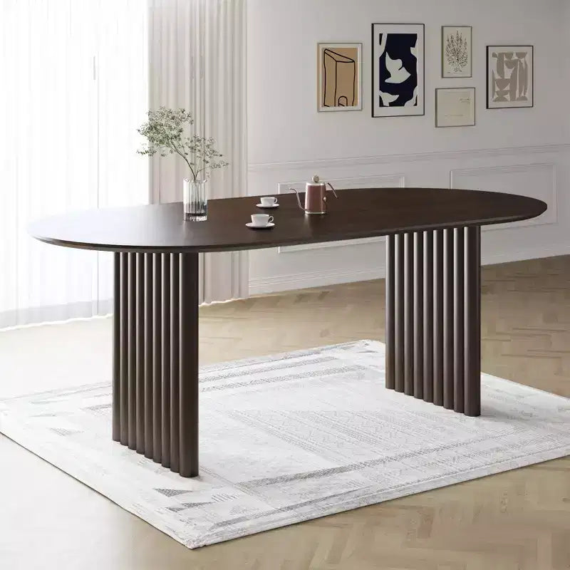 Table de salle à manger 79 x 33,5 en bois, table de cuisine ovale avec plateau anti-rayures et pieds rayés, style ferme moderne pour salon et cuisine, Noyer