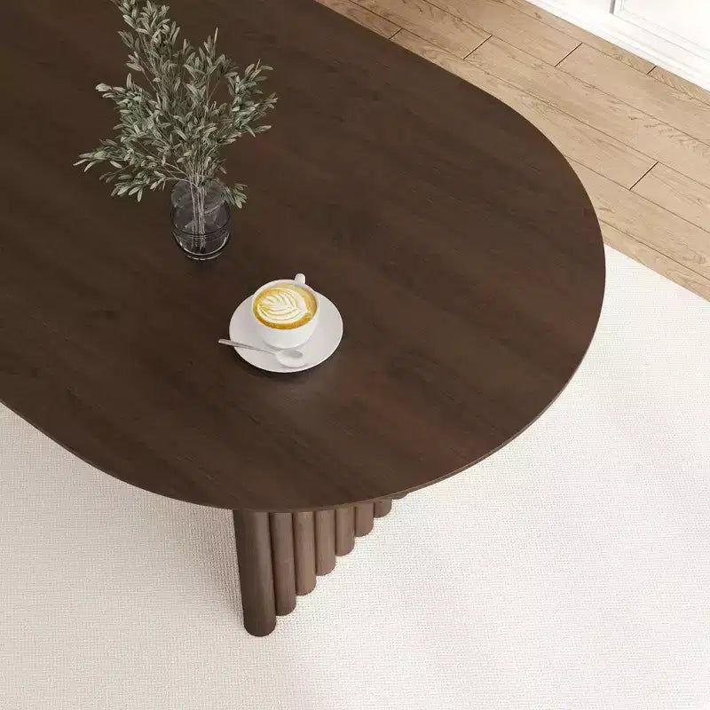 Table de salle à manger 79 x 33,5 en bois, table de cuisine ovale avec plateau anti-rayures et pieds rayés, style ferme moderne pour salon et cuisine, Noyer