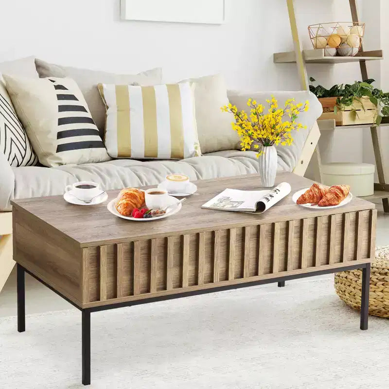Table basse relevable en bois de 109 cm, table de salon avec compartiment de rangement caché, plateau relevable pour repas, finition teck