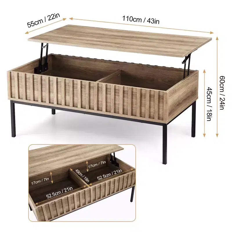Table basse relevable en bois de 109 cm, table de salon avec compartiment de rangement caché, plateau relevable pour repas, finition teck