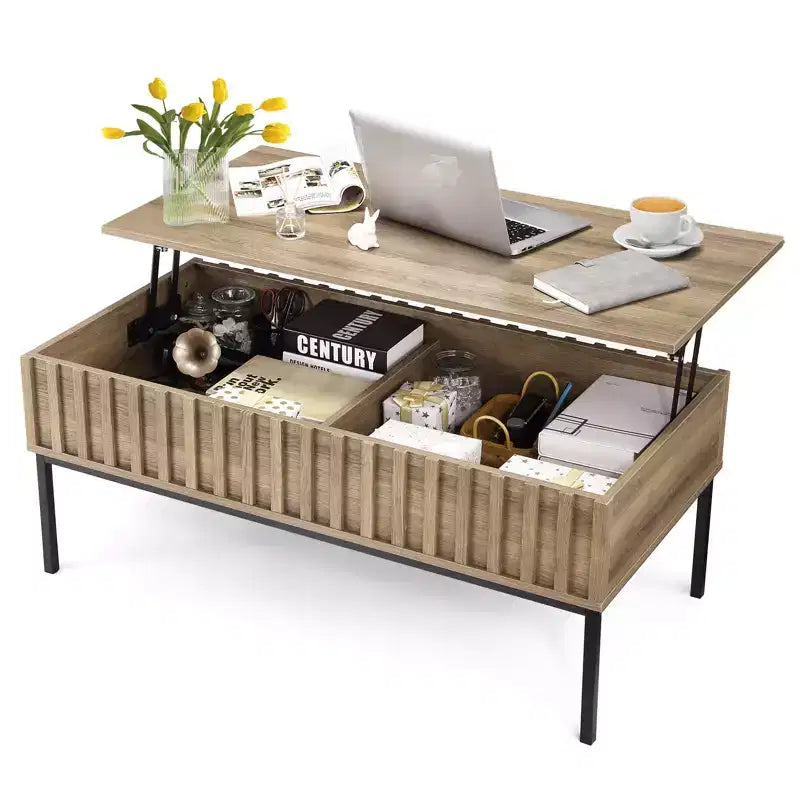 Table basse relevable en bois de 109 cm, table de salon avec compartiment de rangement caché, plateau relevable pour repas, finition teck