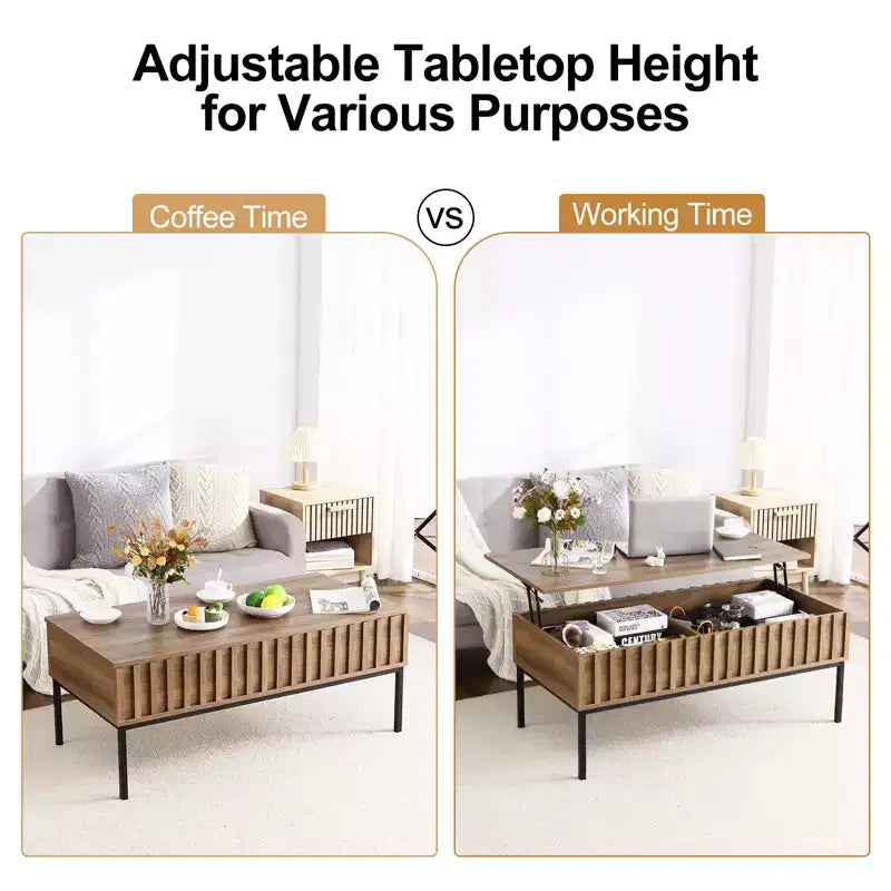 Table basse relevable en bois de 109 cm, table de salon avec compartiment de rangement caché, plateau relevable pour repas, finition teck
