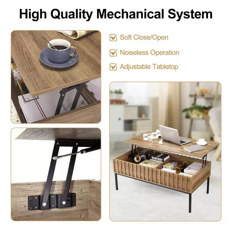 Table basse relevable en bois de 109 cm, table de salon avec compartiment de rangement caché, plateau relevable pour repas, finition teck