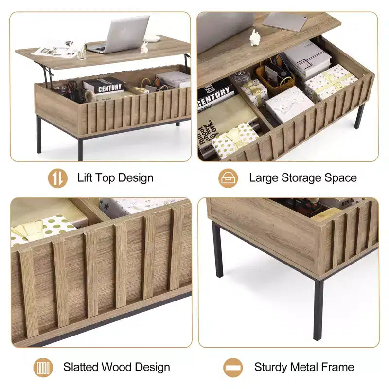 Table basse relevable en bois de 109 cm, table de salon avec compartiment de rangement caché, plateau relevable pour repas, finition teck