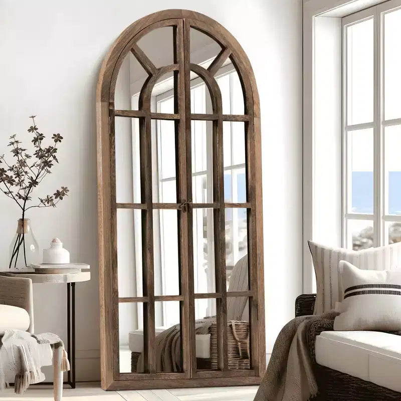 MAYEERTY Full-Length Mirror Solid Wood Grid Right Angle Arch 71x31x1in Openable No Stand