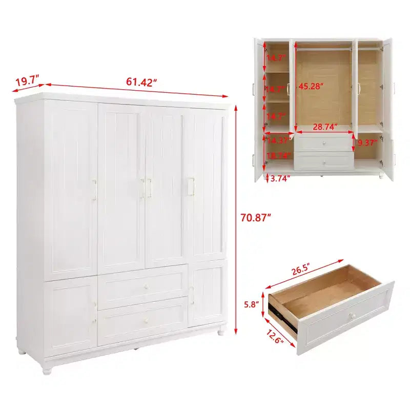 Armoire en bois blanc de 156 cm avec 2 tiroirs, tringle et étagères