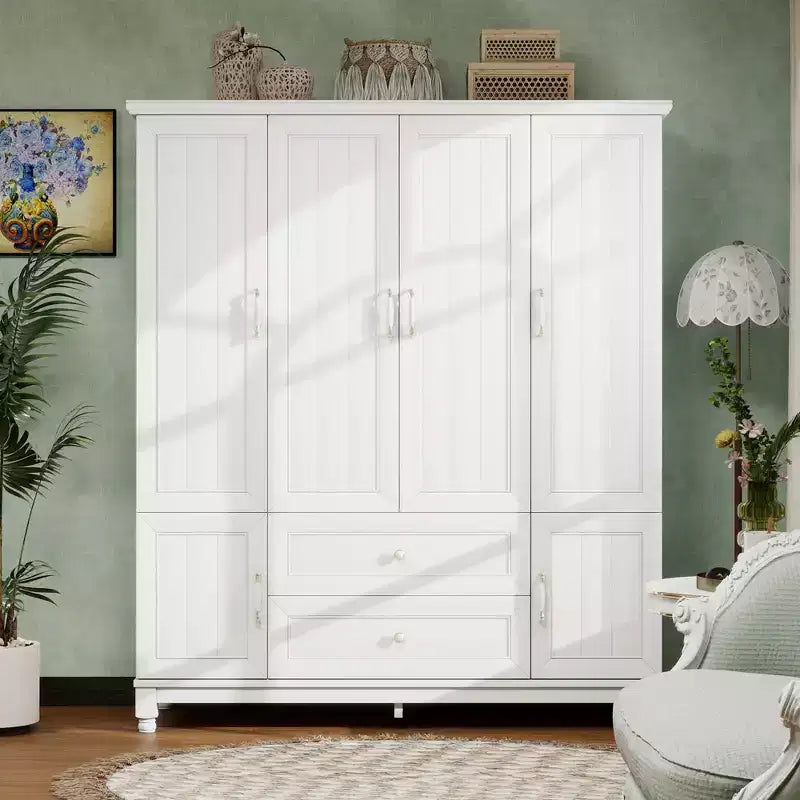 Armoire en bois blanc de 156 cm avec 2 tiroirs, tringle et étagères