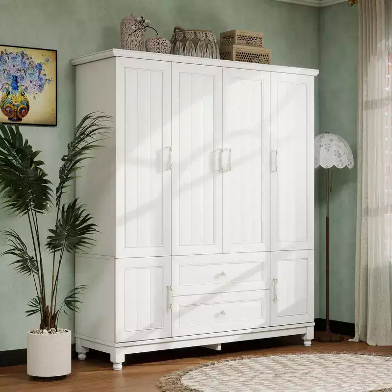 Armoire en bois blanc de 156 cm avec 2 tiroirs, tringle et étagères