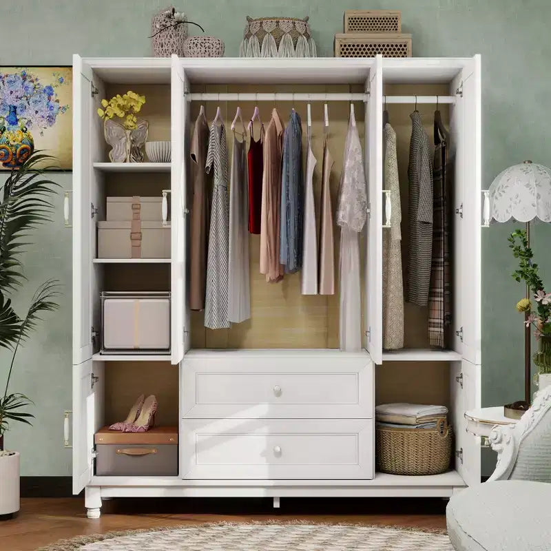 Armoire en bois blanc de 156 cm avec 2 tiroirs, tringle et étagères