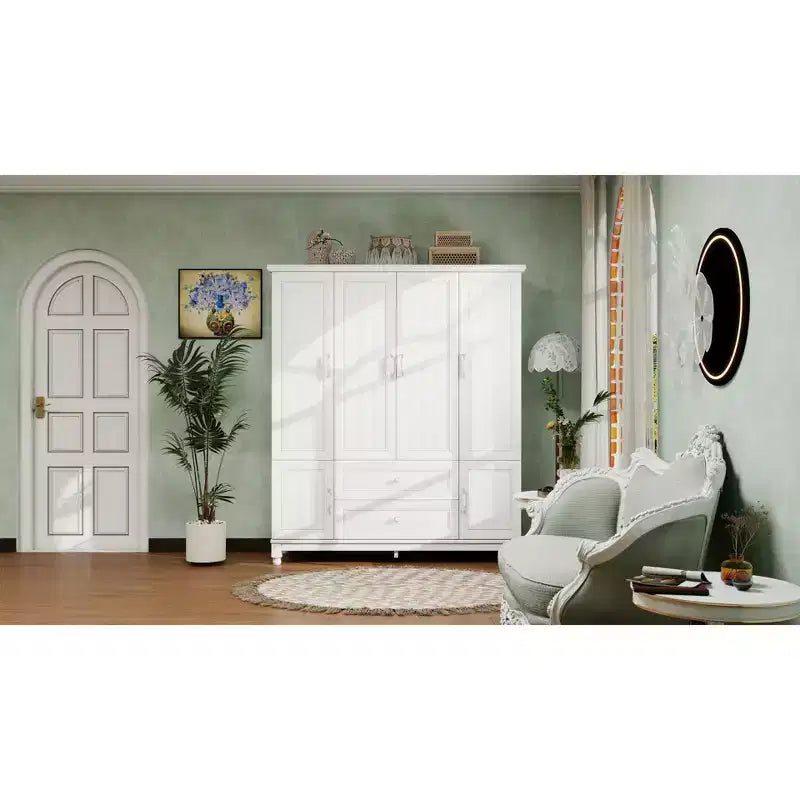 Armoire en bois blanc de 156 cm avec 2 tiroirs, tringle et étagères