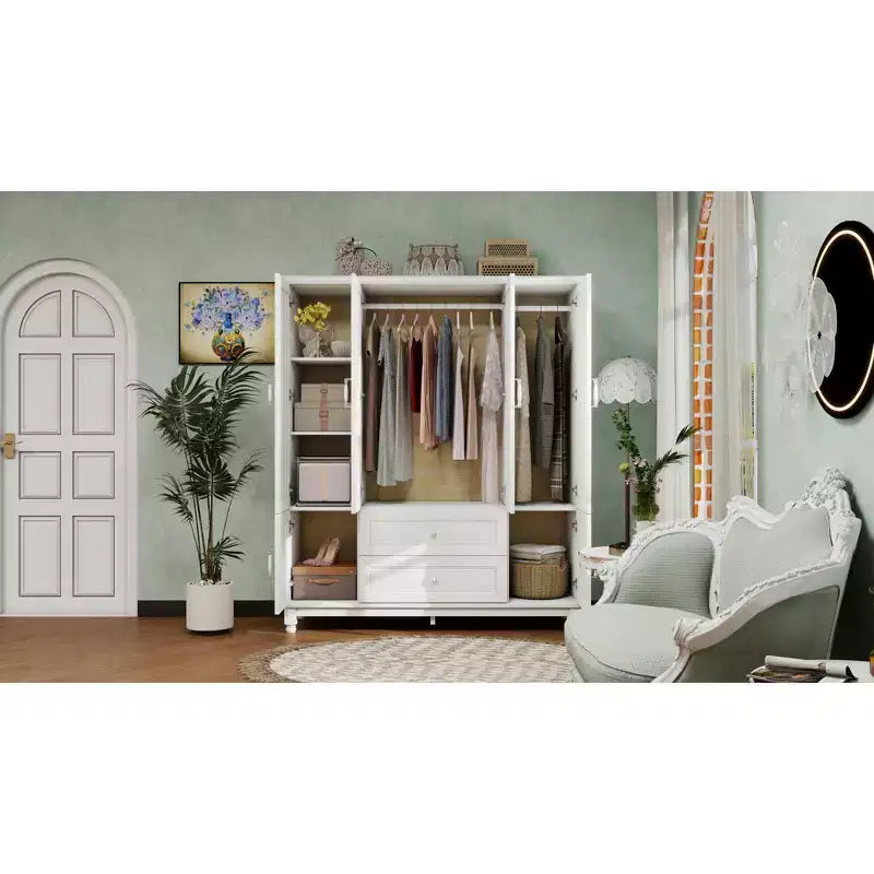 Armoire en bois blanc de 156 cm avec 2 tiroirs, tringle et étagères
