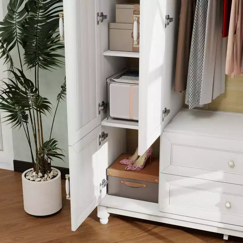Armoire en bois blanc de 156 cm avec 2 tiroirs, tringle et étagères