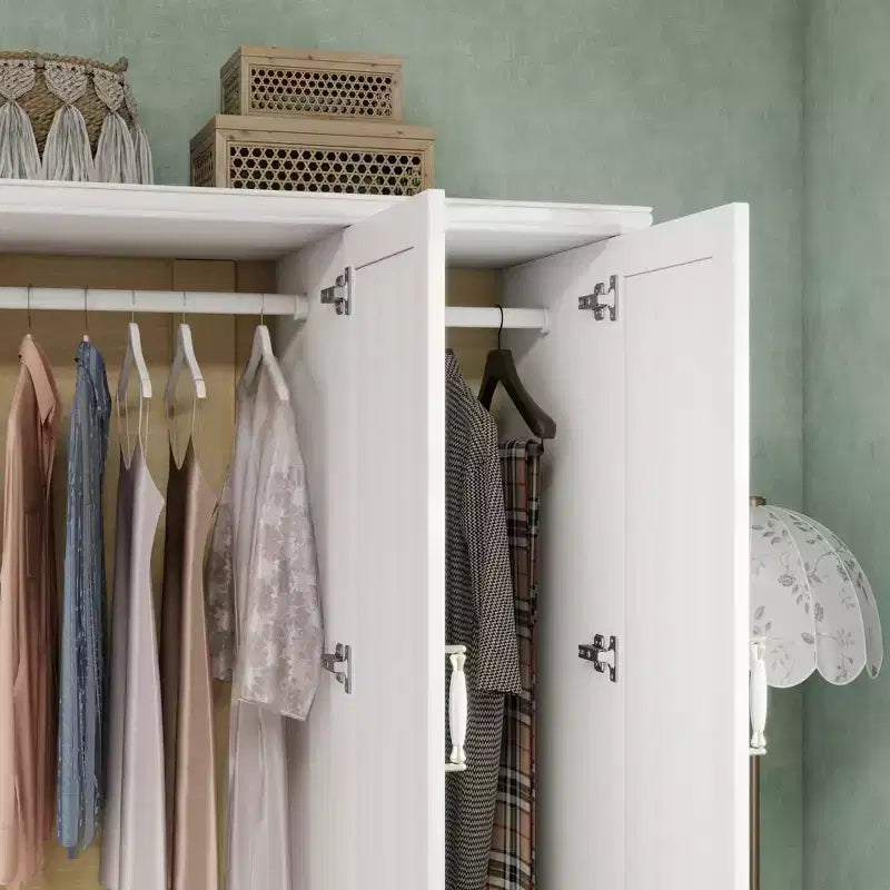 Armoire en bois blanc de 156 cm avec 2 tiroirs, tringle et étagères
