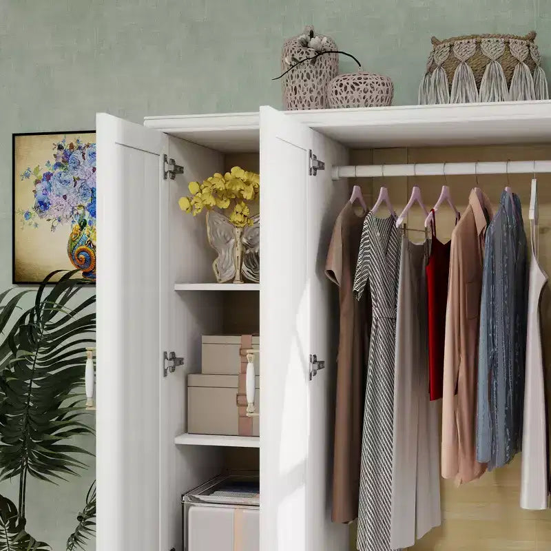 Armoire en bois blanc de 156 cm avec 2 tiroirs, tringle et étagères