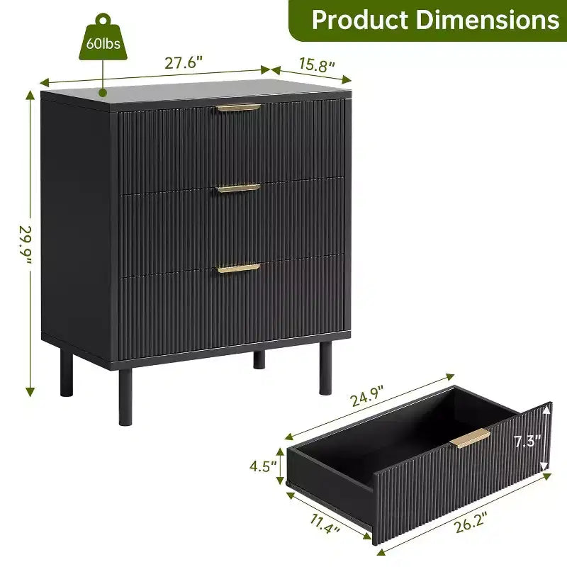 Commode cannelée à 3 tiroirs, commode en bois avec rangement, table de chevet large moderne avec pieds et poignées en métal pour chambre à coucher, salon, couloir