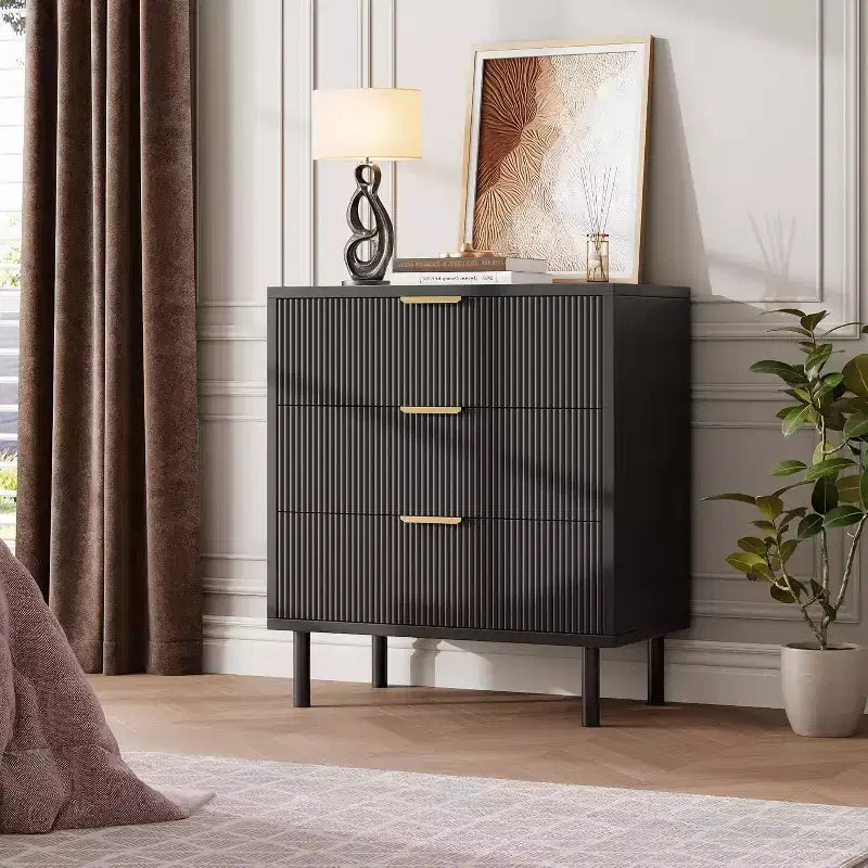 Commode cannelée à 3 tiroirs, commode en bois avec rangement, table de chevet large moderne avec pieds et poignées en métal pour chambre à coucher, salon, couloir