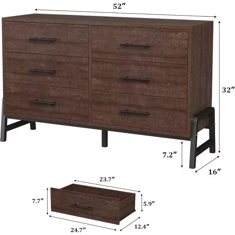 Commode 6 tiroirs de 132 cm de large, Grande commode de rangement en bois pour chambre à coucher, Organisateur de placard autoportant pour salon et entrée