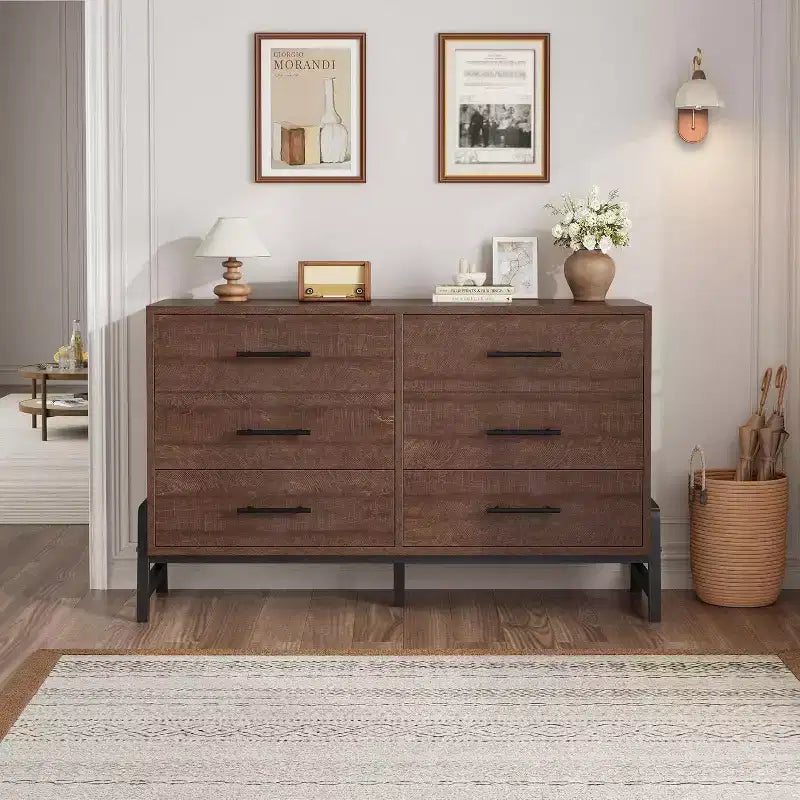 Commode 6 tiroirs de 132 cm de large, Grande commode de rangement en bois pour chambre à coucher, Organisateur de placard autoportant pour salon et entrée