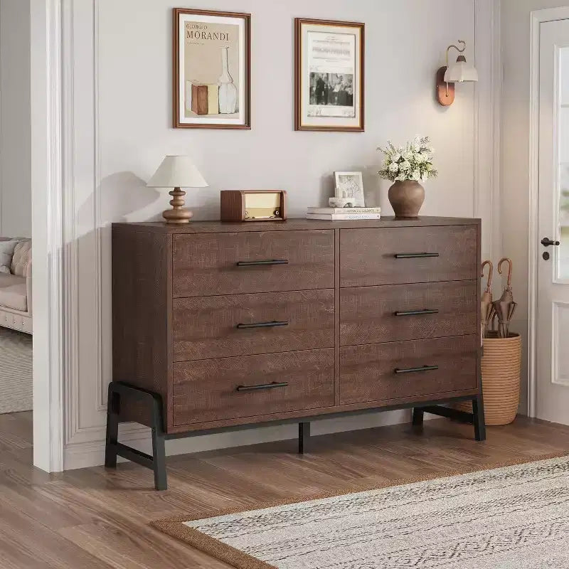 Commode 6 tiroirs de 132 cm de large, Grande commode de rangement en bois pour chambre à coucher, Organisateur de placard autoportant pour salon et entrée