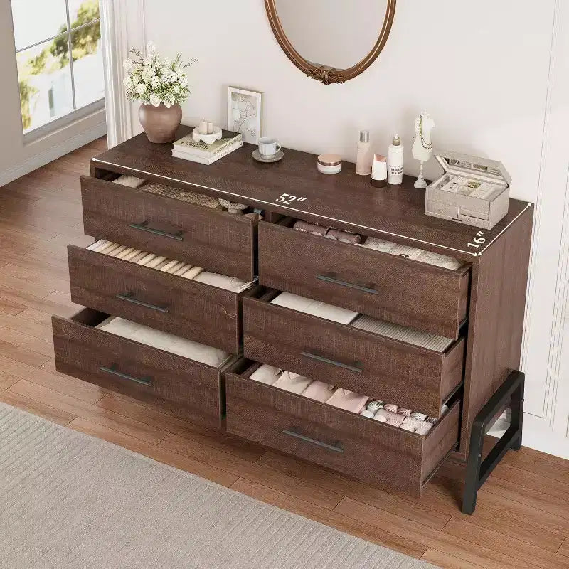 Commode 6 tiroirs de 132 cm de large, Grande commode de rangement en bois pour chambre à coucher, Organisateur de placard autoportant pour salon et entrée