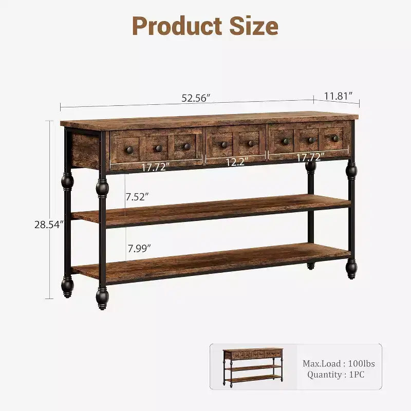 Console industrielle de 52 pouces avec 3 tiroirs, table d'entrée et de canapé à 3 niveaux, table derrière le canapé à cadre métallique, table de rangement pour couloir