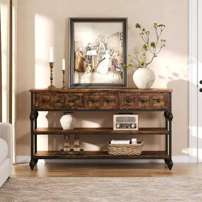 Console industrielle de 52 pouces avec 3 tiroirs, table d'entrée et de canapé à 3 niveaux, table derrière le canapé à cadre métallique, table de rangement pour couloir