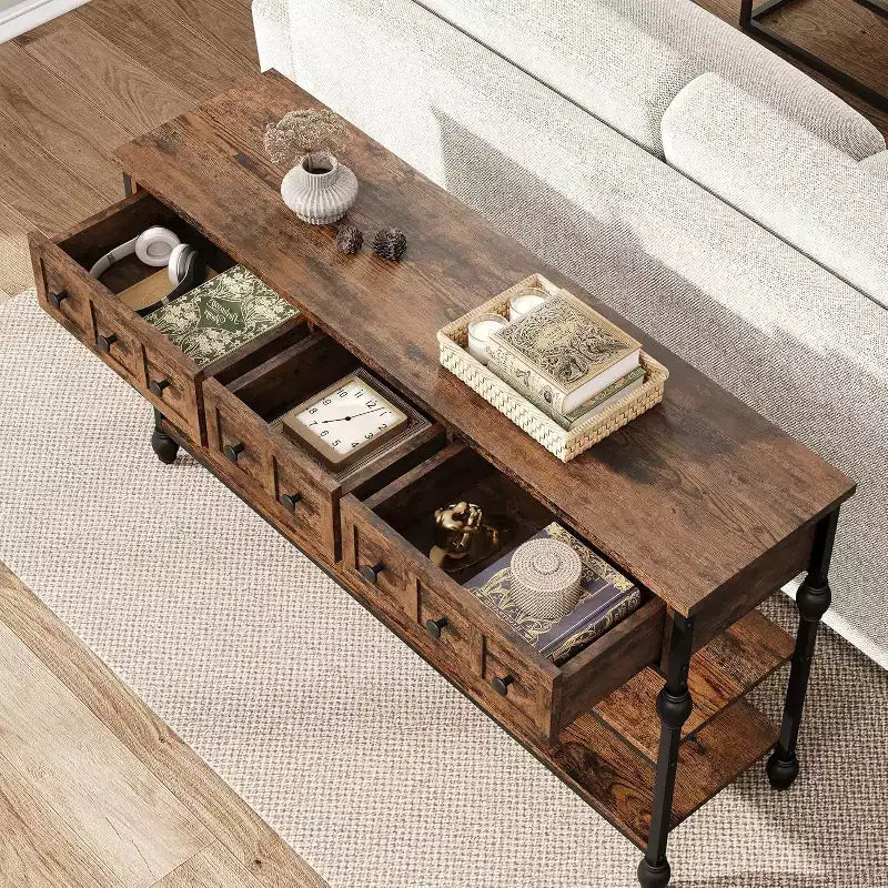 Console industrielle de 52 pouces avec 3 tiroirs, table d'entrée et de canapé à 3 niveaux, table derrière le canapé à cadre métallique, table de rangement pour couloir