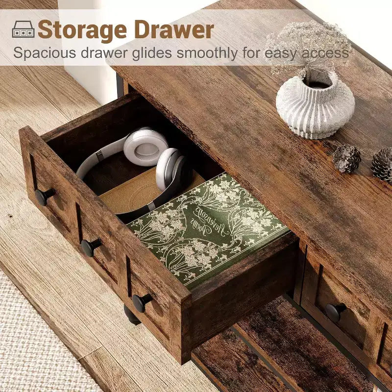 Console industrielle de 52 pouces avec 3 tiroirs, table d'entrée et de canapé à 3 niveaux, table derrière le canapé à cadre métallique, table de rangement pour couloir