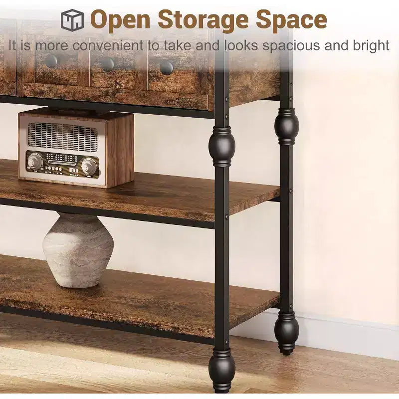 Console industrielle de 52 pouces avec 3 tiroirs, table d'entrée et de canapé à 3 niveaux, table derrière le canapé à cadre métallique, table de rangement pour couloir