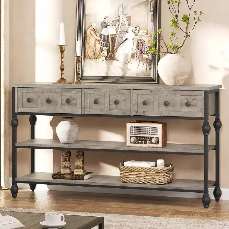 Console industrielle de 52 pouces avec 3 tiroirs, table d'entrée et de canapé à 3 niveaux, table derrière le canapé à cadre métallique, table de rangement pour couloir