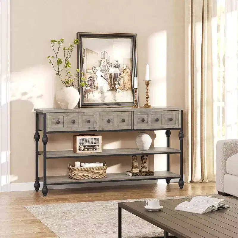 Console industrielle de 52 pouces avec 3 tiroirs, table d'entrée et de canapé à 3 niveaux, table derrière le canapé à cadre métallique, table de rangement pour couloir