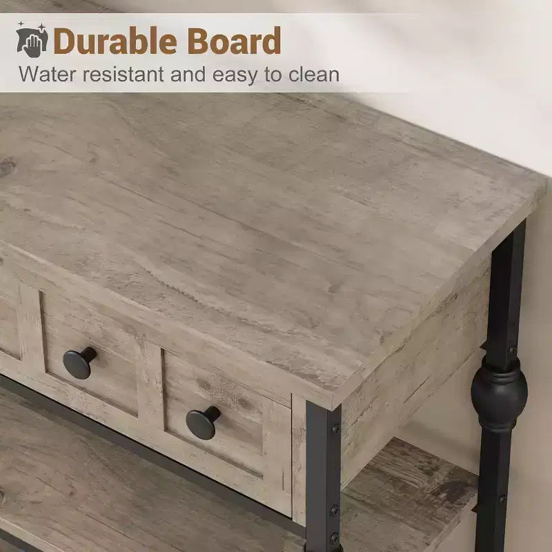 Console industrielle de 52 pouces avec 3 tiroirs, table d'entrée et de canapé à 3 niveaux, table derrière le canapé à cadre métallique, table de rangement pour couloir