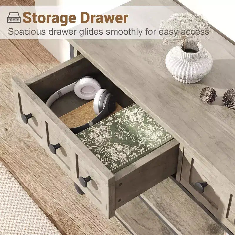 Console industrielle de 52 pouces avec 3 tiroirs, table d'entrée et de canapé à 3 niveaux, table derrière le canapé à cadre métallique, table de rangement pour couloir