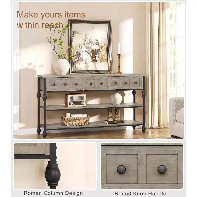 Console industrielle de 52 pouces avec 3 tiroirs, table d'entrée et de canapé à 3 niveaux, table derrière le canapé à cadre métallique, table de rangement pour couloir