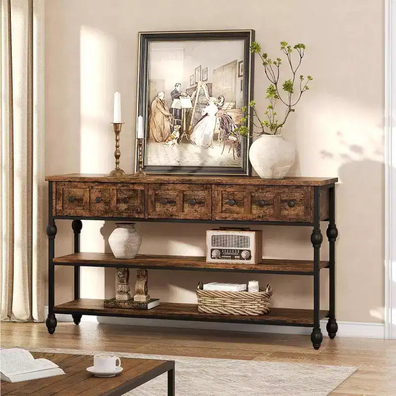 Console industrielle de 52 pouces avec 3 tiroirs, table d'entrée et de canapé à 3 niveaux, table derrière le canapé à cadre métallique, table de rangement pour couloir