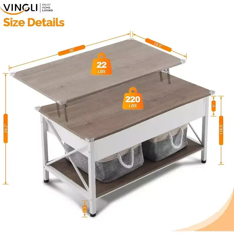 Table basse relevable de 36 po avec bacs de rangement en tissu, tables basses de style rustique pour salon, blanc noyer