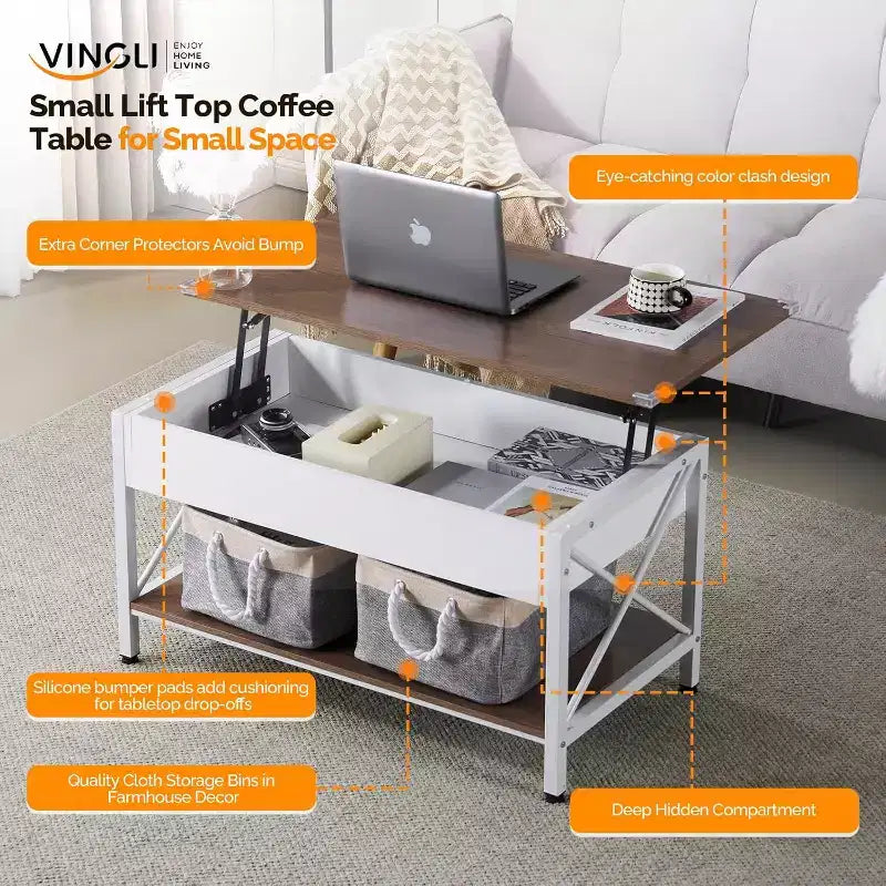Table basse relevable de 36 po avec bacs de rangement en tissu, tables basses de style rustique pour salon, blanc noyer