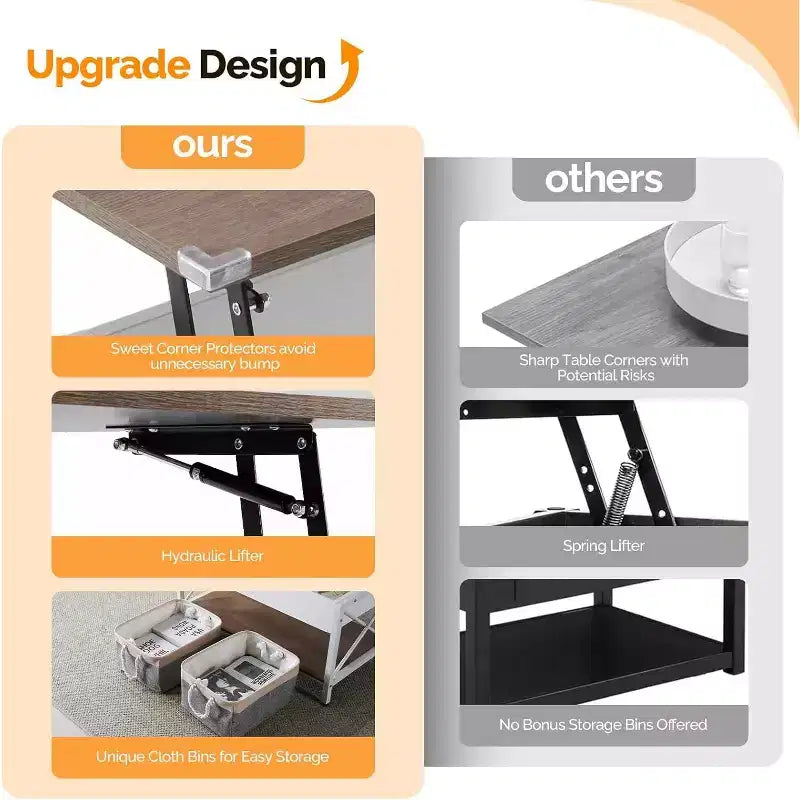 Table basse relevable de 36 po avec bacs de rangement en tissu, tables basses de style rustique pour salon, blanc noyer