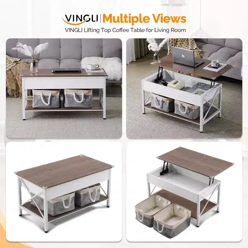 Table basse relevable de 36 po avec bacs de rangement en tissu, tables basses de style rustique pour salon, blanc noyer