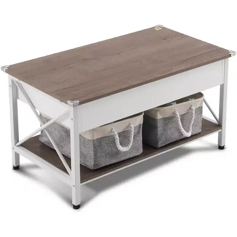Table basse relevable de 36 po avec bacs de rangement en tissu, tables basses de style rustique pour salon, blanc noyer