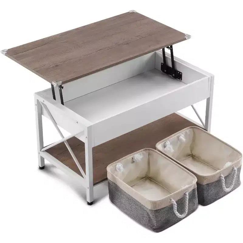 Table basse relevable de 36 po avec bacs de rangement en tissu, tables basses de style rustique pour salon, blanc noyer