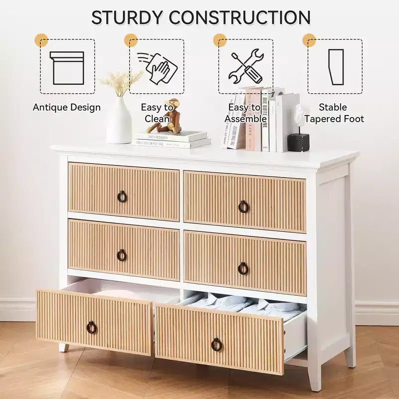 Commode à 6 tiroirs pour chambre à coucher, organisateur de placard au profil antique - Commode en bois avec grand tiroir