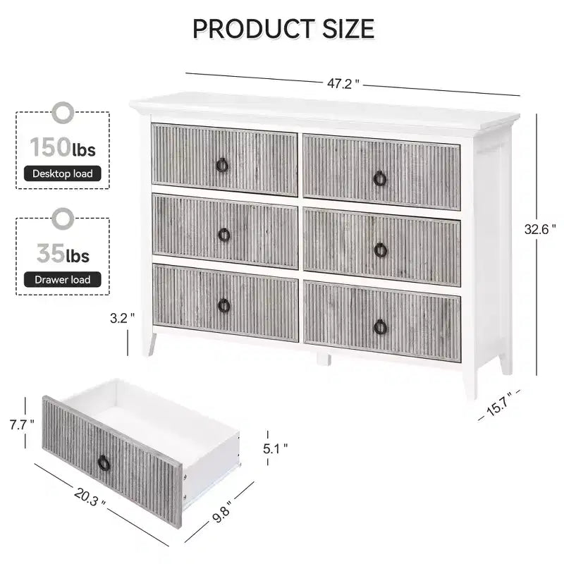 Commode à 6 tiroirs pour chambre à coucher, organisateur de placard au profil antique - Commode en bois avec grand tiroir