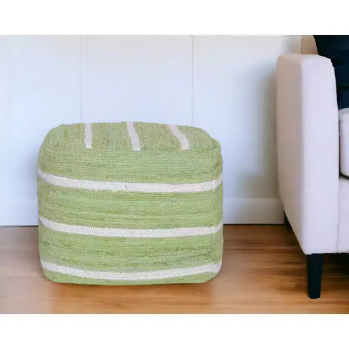 Pouf ottoman rayé en coton vert et blanc de 18 pouces