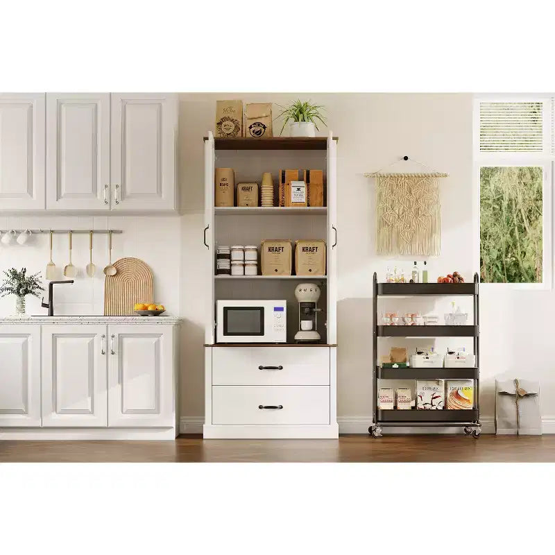 Armoire de rangement autoportante haute pour cuisine et salle à manger avec portes coulissantes, tiroir et 2 étagères réglables